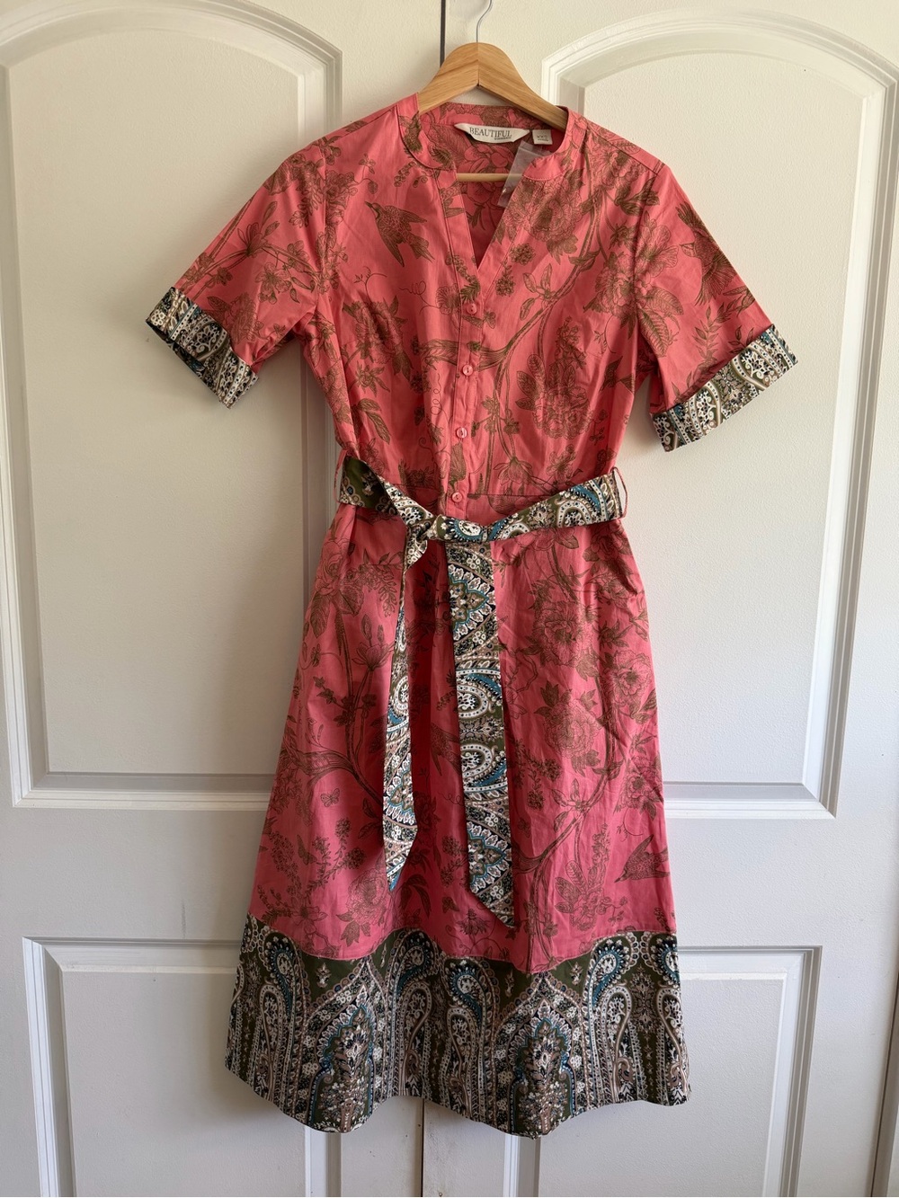 BEAUTIFUL by Lawrence Zarian Printed Belted Dress Birds Paisley Summer Vacation